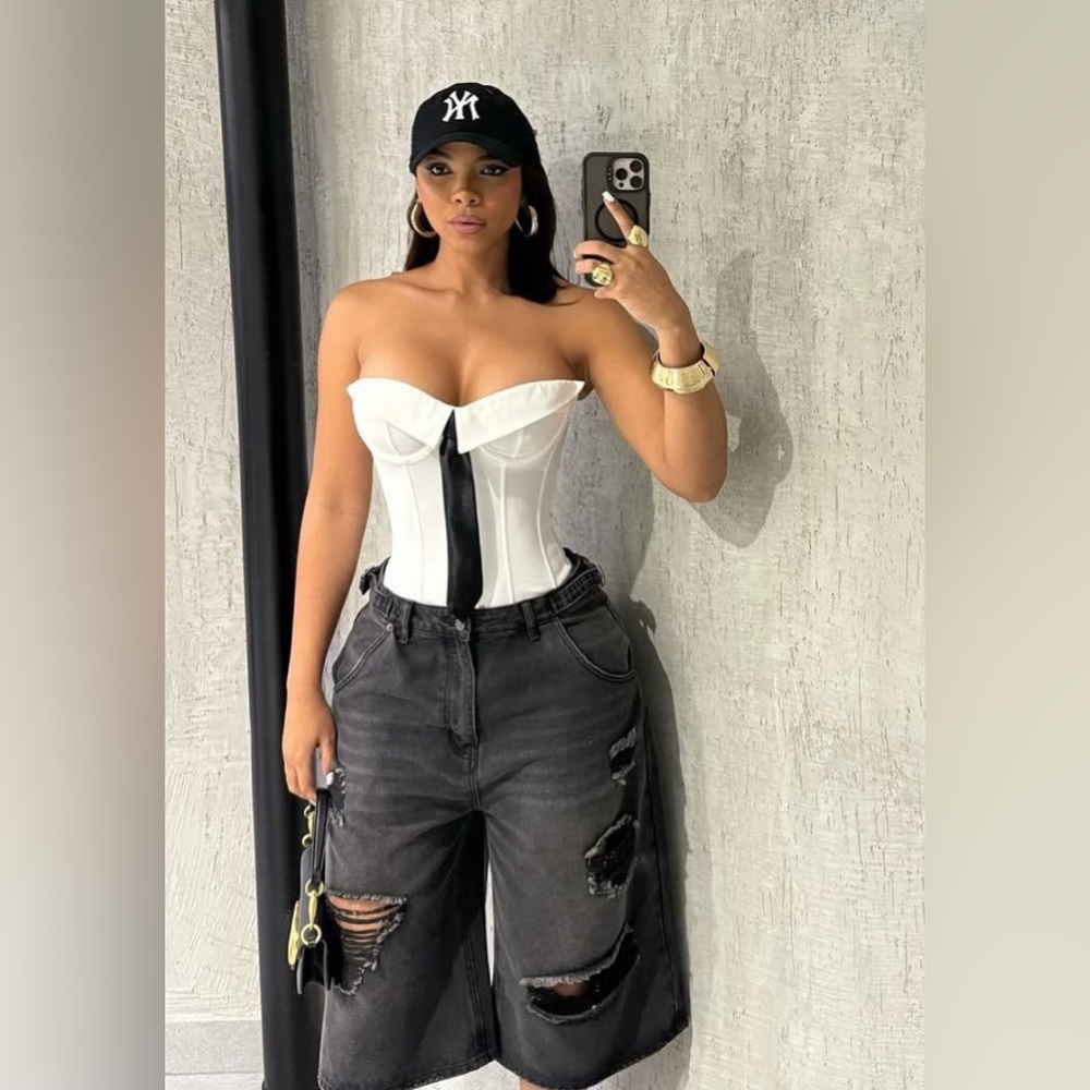 White Strapless Corset Top with Black Tie Accent